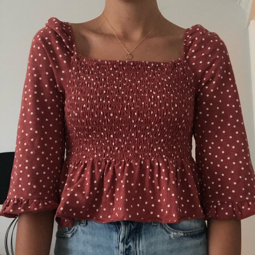 White polka dot burnt orange peplum blouse! new